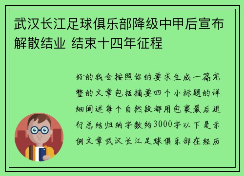 武汉长江足球俱乐部降级中甲后宣布解散结业 结束十四年征程