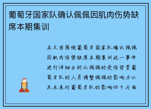 葡萄牙国家队确认佩佩因肌肉伤势缺席本期集训